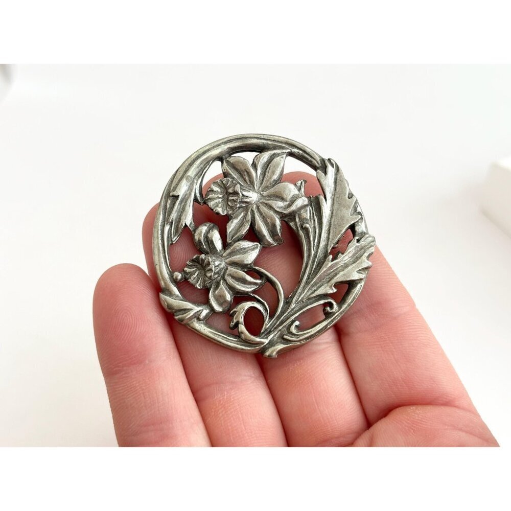 1987 Canadian Made Floral Pewter Art Nouveau Inspired Vintage Brooch Pin - Picture 2 of 14